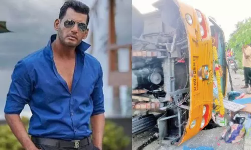 விஷால் படப்பிடிப்பு வேன் கவிழ்ந்து விபத்து.. 4 பேர் படுகாயம்