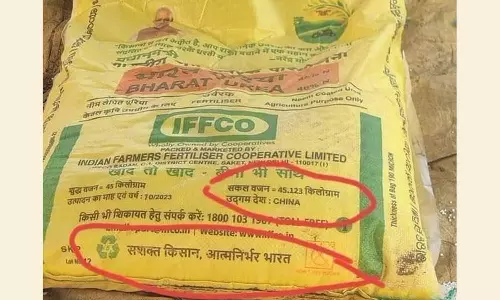 பாரத் யூரியா பையில் மேட் இன் சைனா வாசகம்: விவசாயிகள் அதிர்ச்சி