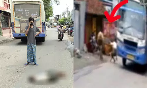 மாடு முட்டியதில் தடுமாறி சாலையில் விழுந்தவர் பஸ் சக்கரத்தில் சிக்கி பலி
