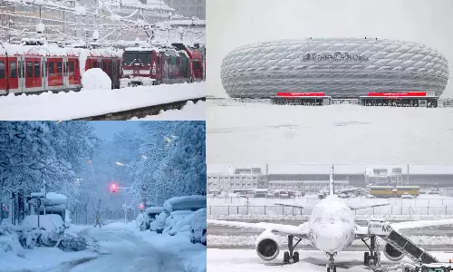 ஜெர்மனியில் கடும் பனிப்பொழிவு: விமானம், ரெயில் போக்குவரத்து பாதிப்பு- விளையாட்டு போட்டிகள் ரத்து