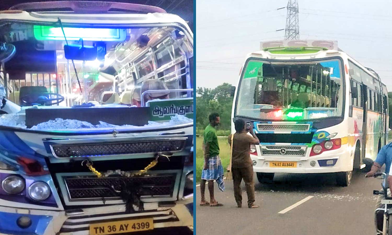 2 தனியார் பஸ்களின் கண்ணாடிகளை உடைத்த கும்பல்- கண்டக்டர் காயம்
