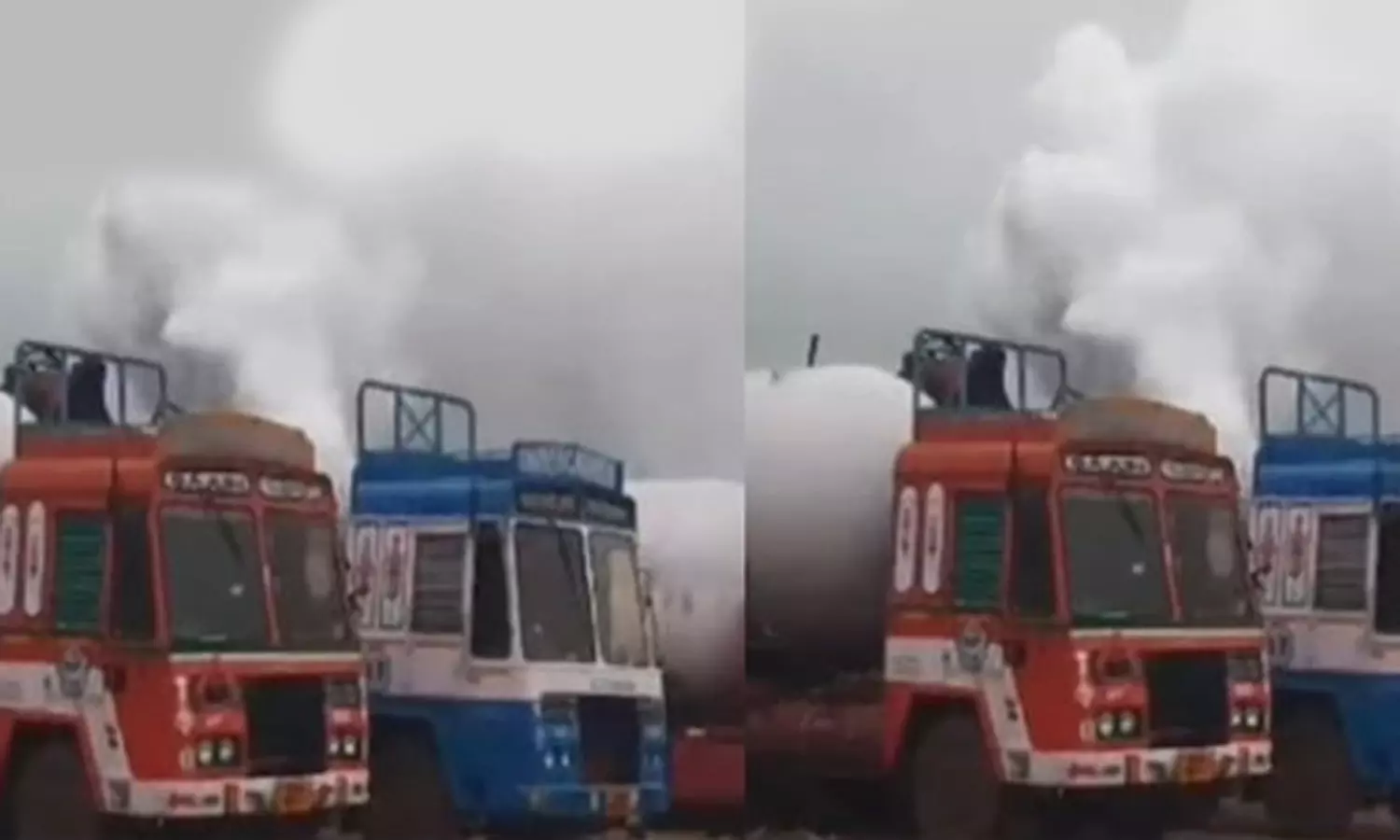 லாரி மீது சுவர் இடிந்து விழுந்து எரிவாயு கசிவு