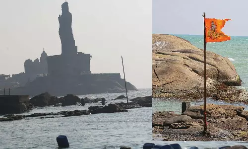 கடல் நடுவில் உள்ள பாறையில் ஏற்றப்பட்ட ராமர் கொடி திடீர் அகற்றம்