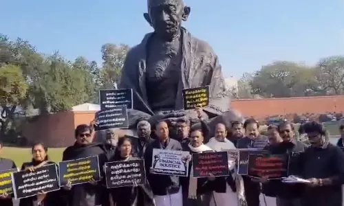 பாராளுமன்ற வளாகத்தில் தி.மு.க. எம்.பி.க்கள் கருப்பு சட்டை அணிந்து ஆர்ப்பாட்டம்