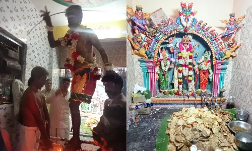 வேடசந்தூரில் அரிவாள் மீது ஏறி அருள்வாக்கு கூறிய பூசாரி