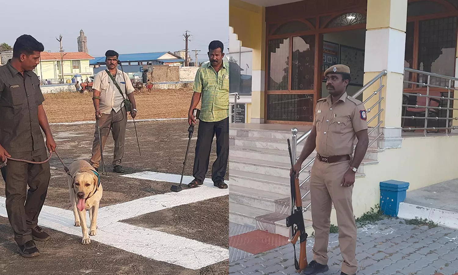 கன்னியாகுமரியில் உள்ள ஹெலிபேடில் மோப்ப நாய் மூலம் போலீசார் சோதனை செய்த காட்சி - கன்னியாகுமரி அரசு விருந்தினர் மாளிகையில் துப்பாக்கி ஏந்திய போலீஸ் பாதுகாப்பு 