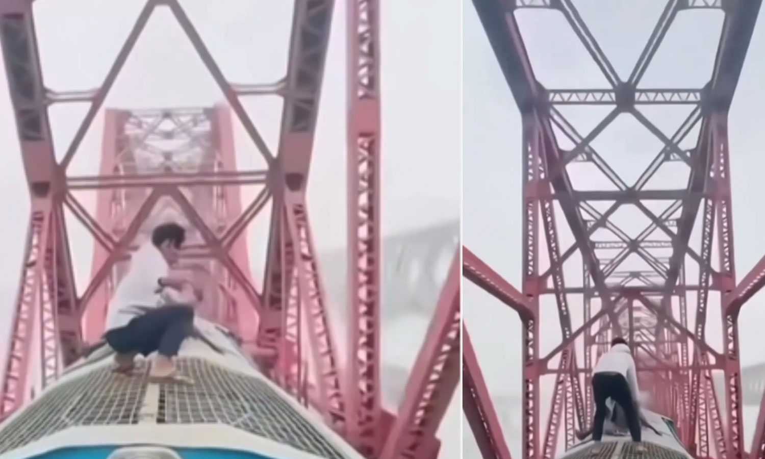 ஓடும் ரெயிலின் மேற்கூரையில் நின்று சாகசம் செய்த வாலிபர்- வீடியோ