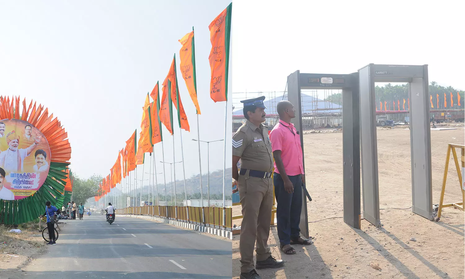 சேலத்திற்கு வருகை தரும் பிரதமர் மோடியை வரவேற்க சாலையில் கட்டப்பட்டுள்ள கட்சி கொடிகள் - பொதுக்கூட்ட மைதானத்தில் அமைக்கப்பட்டுள்ள மெட்டல் டிடெக்டர் நுழைவாயில்.