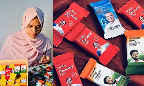 தேர்தல் பிரசாரத்தில் புதுமை- வேட்பாளர் படம் பிரசுரித்த சாக்லேட்டுகள் தயாரித்து கொடுக்கும் கேரள பெண்