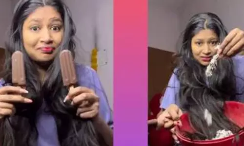 சாக்லேட் ஐஸ்கிரீமை பயன்படுத்தி தலைமுடிக்கு வண்ணம் தீட்டிய பெண்