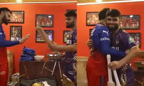 ஐ.பி.எல். 2024: கொல்கத்தா வீரர் ரிங்கு சிங்குக்கு பேட் பரிசளித்த கிங் கோலி