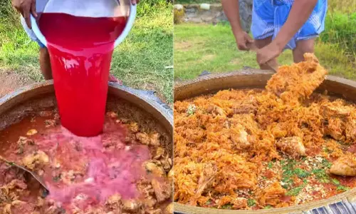 தர்பூசணி ஜூஸ் சேர்த்து தயாரித்த சிக்கன் பிரியாணி- வீடியோ வைரல்