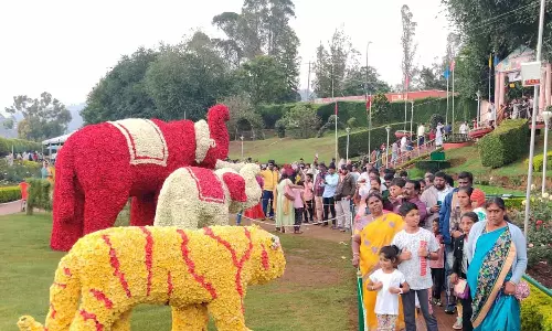 மழையில் நனைந்தபடி மலர் கண்காட்சியை பார்வையிட்ட சுற்றுலா பயணிகள்