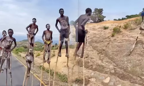 குச்சிகளில் நடக்கும் பழங்குடி மக்கள்- வீடியோ