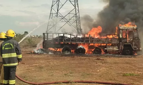 தேங்காய் பருப்பு ஏற்றி சென்ற லாரி தீப்பிடித்து எரிந்தது- ரூ.14 லட்சம் பொருட்கள் சேதம்