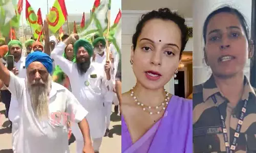 கங்கனா கன்னத்தில் அறைந்த பெண் காவலருக்கு ஆதரவாக விவசாயிகள் பேரணி