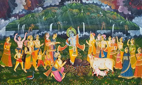 ஒரு விரலில் கோவர்த்தன கிரியைக் குடையாக பிடித்த கண்ணன்