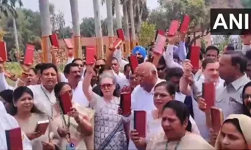 பாராளுமன்றத்தில் சட்ட புத்தகத்தை கைகளில் ஏந்தியபடி எதிர்க்கட்சி எம்.பி.க்கள் அணிவகுப்பு