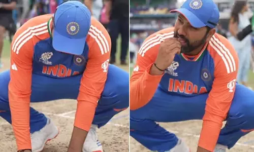 கோப்பையை வென்ற பார்படாஸ் மண்ணை உண்ணும் கேப்டன் ரோகித்- வீடியோ வைரல்