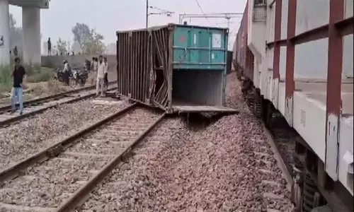 சரக்கு ரெயிலின் கண்டெய்னர்கள் தண்டவாளத்தில் கவிழ்ந்ததால் பெரும் பரபரப்பு