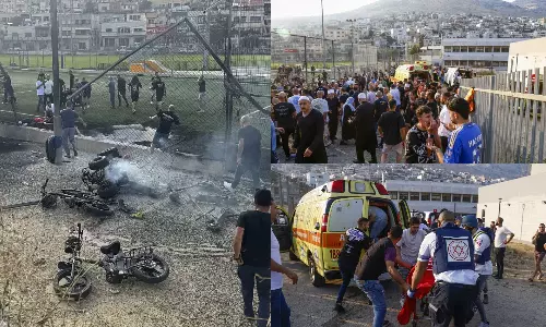 இஸ்ரேல் ஆக்கிரமிப்பு பகுதியின் கால்பந்து மைதானத்தில்  ஹிஸ்புல்லா தாக்குதல் - 12 பேர் பலி