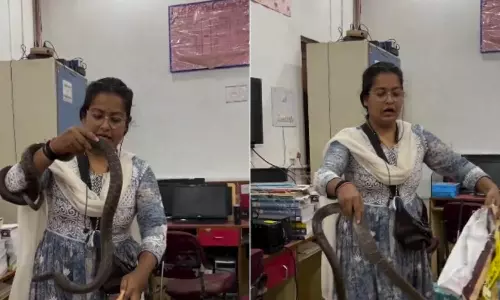 பாம்பை பிடித்த பெண்