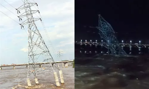 கொள்ளிடம் ஆற்றில் சாய்ந்து விழுந்த மின்கோபுரம்- வீடியோ