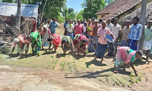 திருவெண்ணைநல்லூர் அருகே சாலையில் பெண்கள் நாற்று நட்டு போராட்டம்