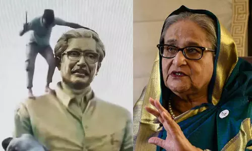 தந்தை சிலையை சேதப்படுத்தியதற்கு நீதி கேட்கும் ஷேக் ஹசீனா