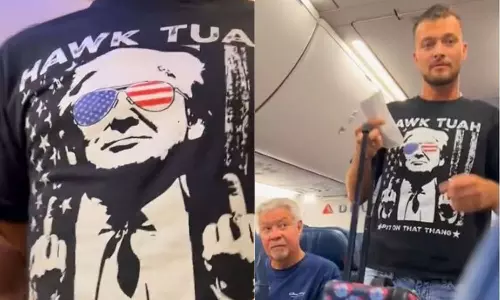 Hawk Tuah டிரம்ப் டீ சர்ட் அணிந்துவந்து சேட்டை.. விமானத்தில் இருந்து வெளியேற்றப்பட்ட இளைஞர்