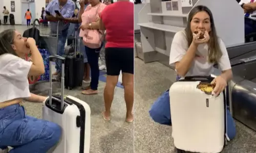 சூட்கேசை கடித்து ருசித்த இளம்பெண்... இறுதியில் காத்திருந்த டுவிஸ்ட்- வீடியோ