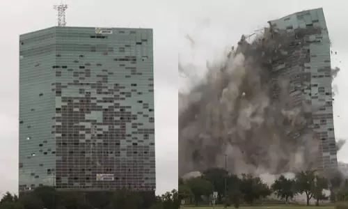 சூறாவளியால் பாதிப்பு- 15 நொடியில் தகர்க்கப்பட்ட வானளாவிய கட்டிடம்: ரைவல் வீடியோ