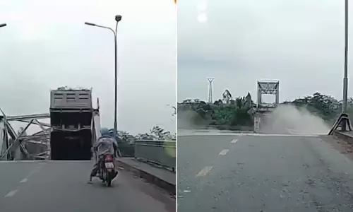 லாரி சென்று கொண்டிருந்தபோது திடீரென இடிந்த பாலம்- பதற வைக்கும் வீடியோ