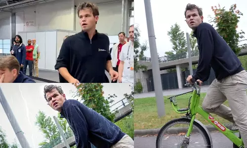 போட்டிக்கு சைக்கிளில் லேட்டா வந்த கார்ல்சன்.. காப்பாற்றிய போட்டோகிராபர் - செஸ் ஒலிம்பியாடில் சுவாரஸ்யம்