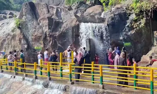 மணிமுத்தாறு அருவியில் திரண்ட சுற்றுலாப் பயணிகள்