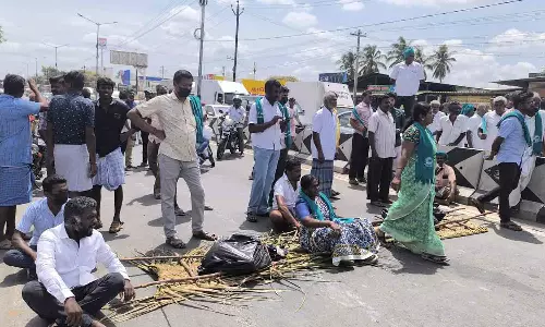 நாய்கள் கடித்து இறந்த ஆடுகளை பாடை கட்டி திருப்பூர் கலெக்டர் அலுவலகத்திற்கு தூக்கி வந்த விவசாயிகள்