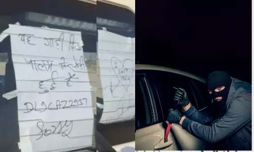 ஐ லவ் இந்தியா.. திருடிய காரில் மன்னிப்பு கடிதம் - தேசப்பற்றுள்ள திருடனா இருப்பாரோ..