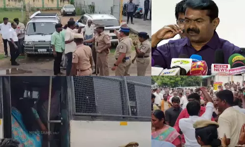 சீமான் தங்கியுள்ள ஓட்டல் முன்பாக போலீஸ் குவிப்பு: நா.த.க. நிர்வாகிகள் வாக்குவாதம்- பரபரப்பு