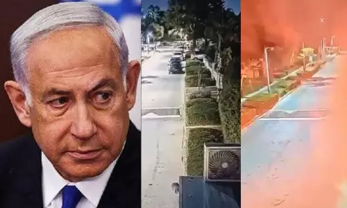 இஸ்ரேல் பிரதமர் நேதன்யாகு வீட்டின் மீது வெடிகுண்டு தாக்குதல்..   பற்றி எரிந்த தீ - பரபரப்பு வீடியோ