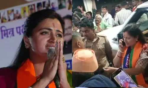 பிரபல நடிகை மீது சேர்கள் வீச்சு -  பாஜக பிரசாரக்   கூட்டத்தில் களேபரம் - வீடியோ