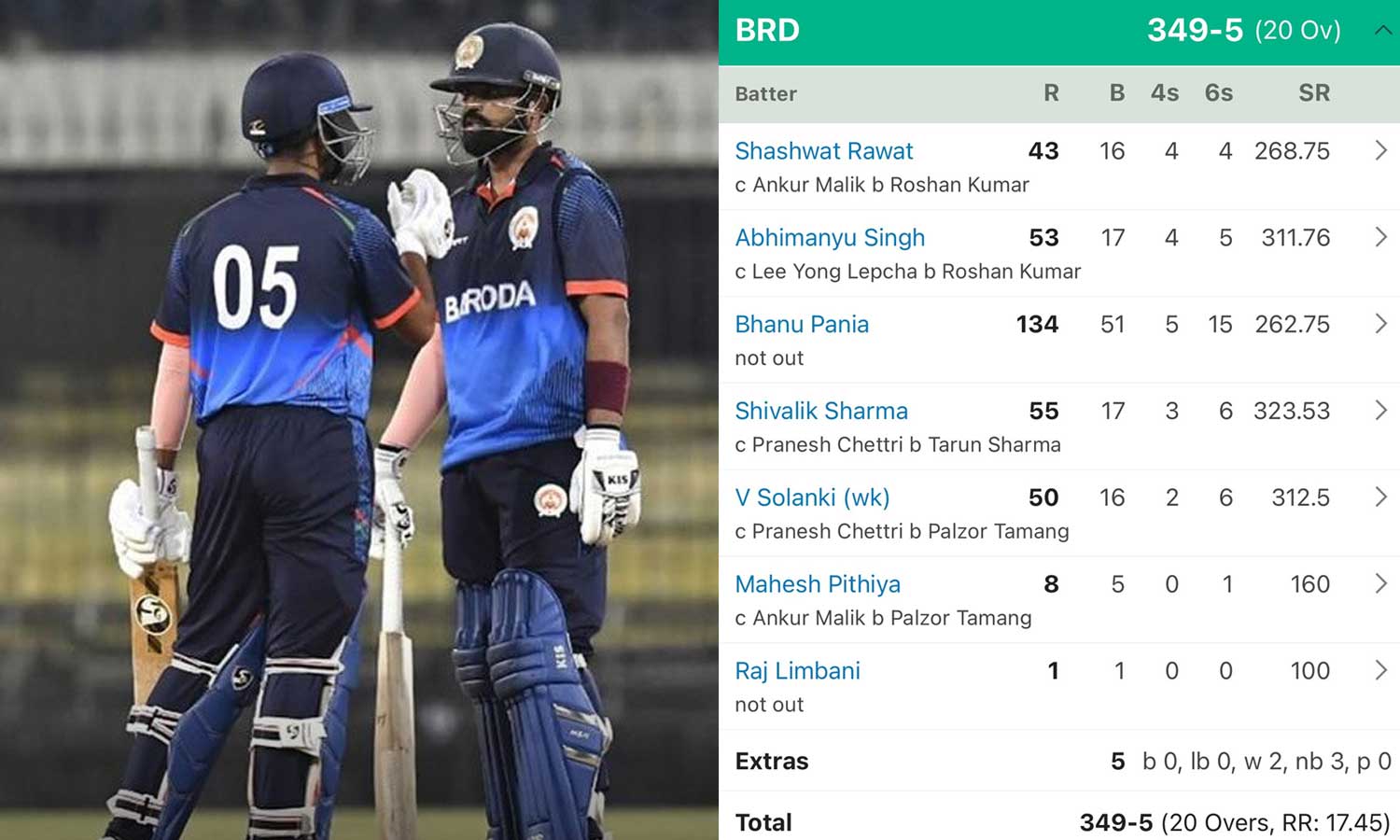 டி20 கிரிக்கெட் வரலாற்றில் அதிகபட்ச ஸ்கோர்.. 349 ரன்கள் குவித்து பரோடா அணி உலக சாதனை