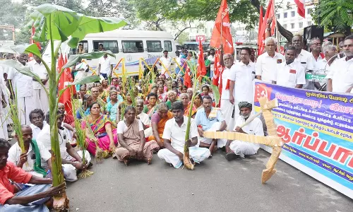 மதுரை கலெக்டர் அலுவலகம் அருகே நெல், வாழை பயிர்களுடன் விவசாயிகள் நூதன ஆர்ப்பாட்டம்