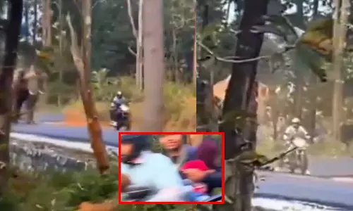 குழந்தையுடன் பைக்கில் சென்ற தம்பதியை துரத்திய காட்டு யானை - பதைபதைக்கும் வீடியோ