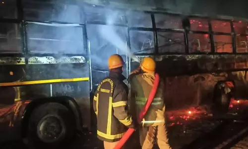 நெல்லை தனியார் பணிமனையில் திடீர் தீ விபத்து: 2 பஸ்கள் எரிந்து நாசம்