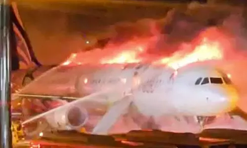 தென் கொரிய விமான நிலையத்தில் திடீரென தீப்பிடித்த விமானம்