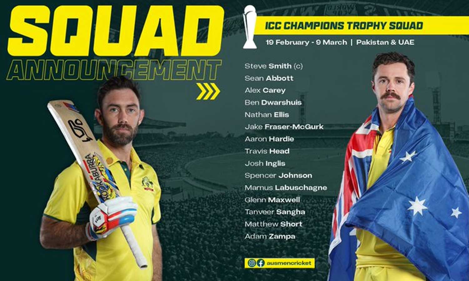 சாம்பியன்ஸ் கோப்பை: ஸ்டீவ் ஸ்மித் தலைமையிலான ஆஸ்திரேலிய அணி அறிவிப்பு