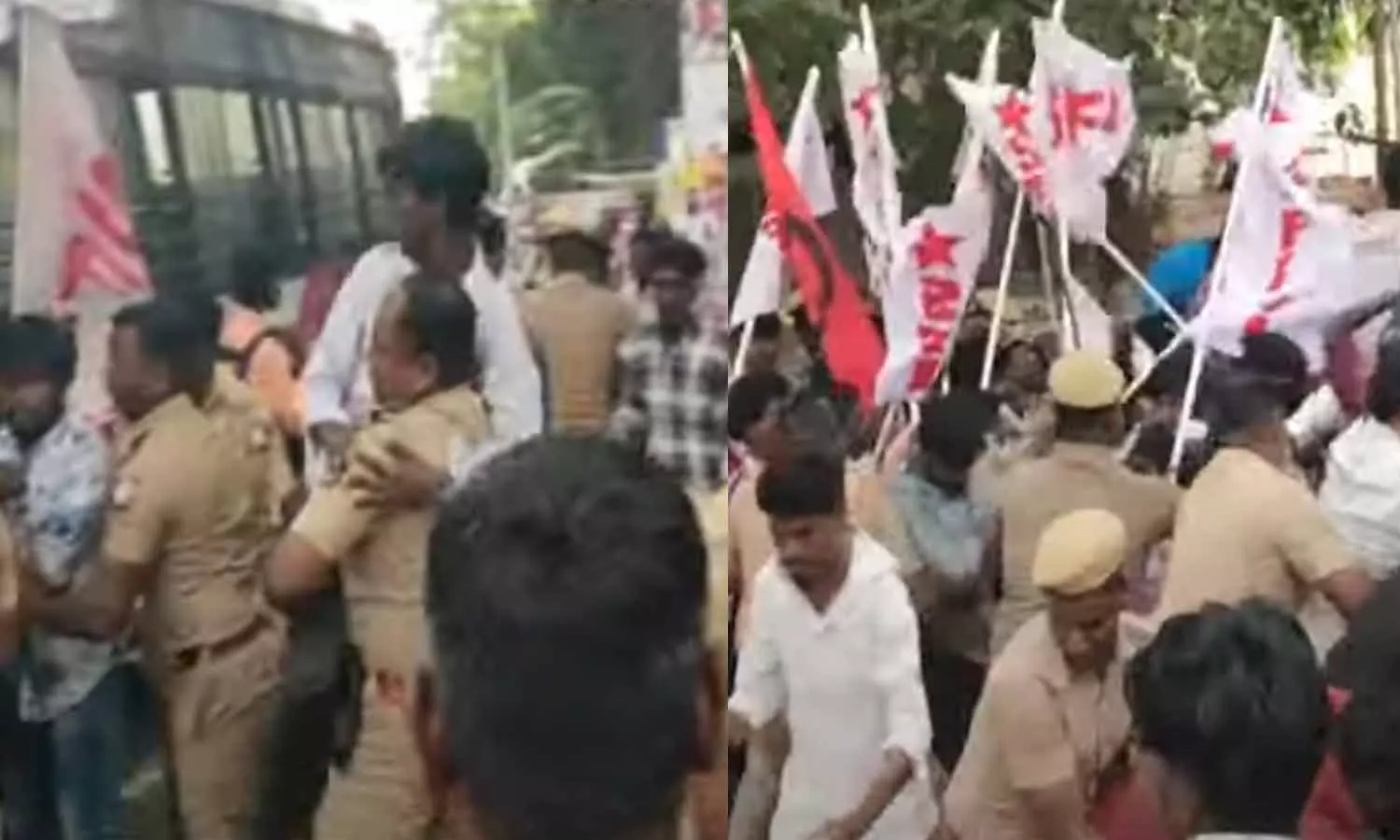 மும்மொழி கொள்கைக்கு எதிர்ப்பு: போலீசார்- இந்திய மாணவர் அமைப்பு இடையே தள்ளுமுள்ளு மும்மொழி கொள்கைக்கு எதிர்ப்பு: போலீசார்- இந்திய மாணவர் அமைப்பு இடையே தள்ளுமுள்ளு