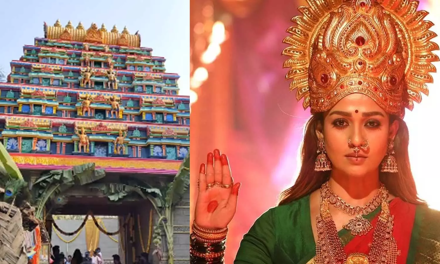 பிரமாண்டமான கோவில் செட்- கோலாகலமாக நடைபெற்ற மூக்குத்தி அம்மன் 2 பட பூஜை