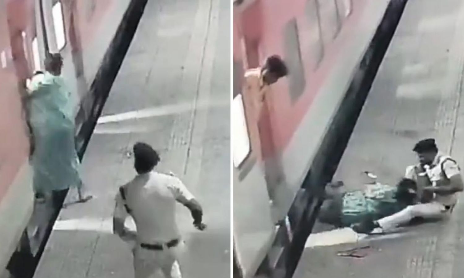 ஓடும் ரெயிலுக்கும் நடைமேடைக்கும் இடையே சிக்கிய பெண் - சூப்பர் மேனாக மாறிய காவலர் - திக் திக் வீடியோ!