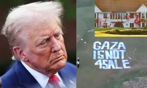 டிரம்ப்பின் சொத்துக்கள் சூறையாடப்படும்.. காசா விற்பனைக்கு அல்ல என மைதானத்துக்குள் புகுந்து எச்சரிக்கை